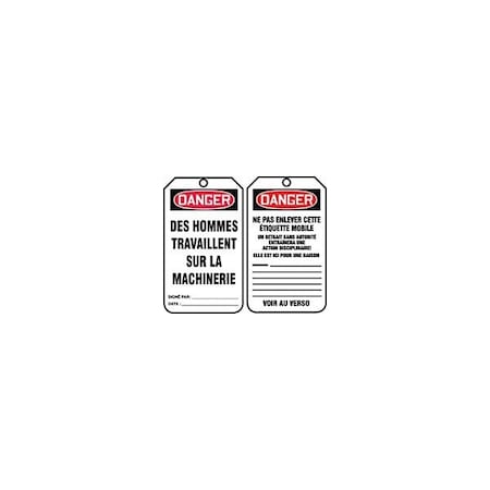 Accuform French Safety Tags, DANGER DES HOMMES TRAVAILLENT SUR LA MACHINERIE, 5.75inx3.25in, 25PK TCF006PTP